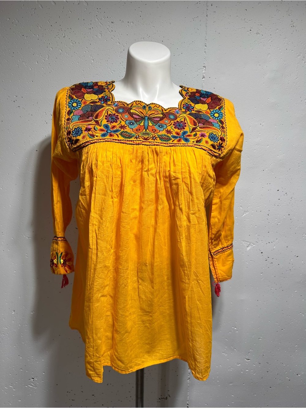 Mexican Gold Yellow Butterfly Embroidery Tunic Blouse L